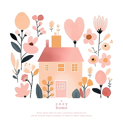 PSD 꽃 분홍색 일러스트 동화 수채화 주택 사람없음 파스텔톤 아기자기 국내일러스트 식물 컬러 컨셉 건물 파일형식