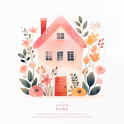 PSD 꽃 분홍색 일러스트 동화 수채화 주택 사람없음 파스텔톤 아기자기 국내일러스트 식물 컬러 컨셉 건물 파일형식