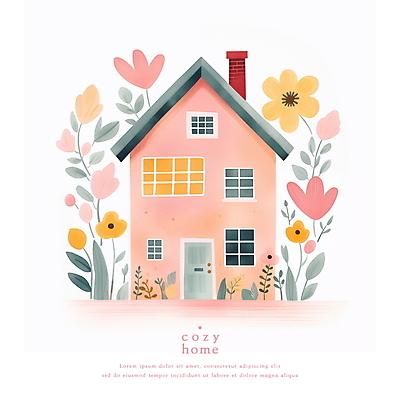 PSD 꽃 분홍색 일러스트 동화 수채화 주택 사람없음 파스텔톤 아기자기 국내일러스트 식물 컬러 컨셉 건물 파일형식