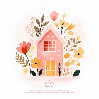 PSD 꽃 분홍색 일러스트 동화 수채화 주택 사람없음 파스텔톤 아기자기 국내일러스트 식물 컬러 컨셉 건물 파일형식