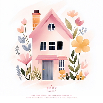 PSD 꽃 분홍색 일러스트 동화 수채화 주택 사람없음 파스텔톤 아기자기 국내일러스트 식물 컬러 컨셉 건물 파일형식