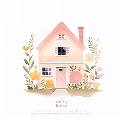 PSD 꽃 분홍색 일러스트 동화 수채화 주택 사람없음 파스텔톤 아기자기 국내일러스트 식물 컬러 컨셉 건물 파일형식