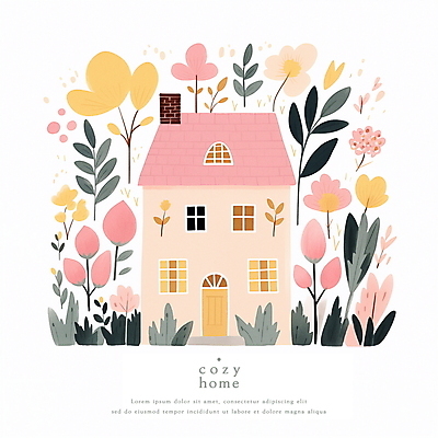 PSD 꽃 분홍색 일러스트 동화 수채화 주택 사람없음 파스텔톤 아기자기 국내일러스트 식물 컬러 컨셉 건물 파일형식