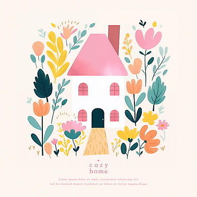 PSD 꽃 분홍색 일러스트 동화 수채화 주택 사람없음 파스텔톤 아기자기 국내일러스트 식물 컬러 컨셉 건물 파일형식