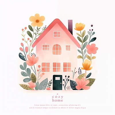 PSD 꽃 분홍색 일러스트 동화 수채화 주택 사람없음 파스텔톤 아기자기 국내일러스트 식물 컬러 컨셉 건물 파일형식
