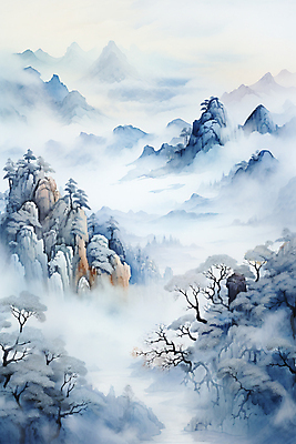 JPG 나무 구름 백그라운드 설경 겨울 일러스트 바위산 풍경 사람없음 파란색 안개 소나무 동양화 운해 산수화 산맥 국내일러스트 AI일러스트 AI콘텐츠 자연요소 식물 계절 컬러 날씨 산 미술 돌산 파일형식 구름_자연