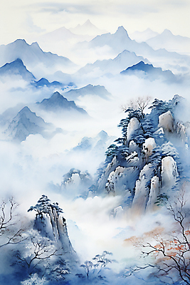 JPG 나무 구름 백그라운드 설경 겨울 일러스트 바위산 풍경 사람없음 파란색 안개 소나무 동양화 운해 산수화 산맥 국내일러스트 AI일러스트 AI콘텐츠 자연요소 식물 계절 컬러 날씨 산 미술 돌산 파일형식 구름_자연