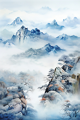 JPG 나무 구름 백그라운드 설경 겨울 일러스트 바위산 풍경 사람없음 파란색 안개 소나무 동양화 운해 산수화 산맥 국내일러스트 AI일러스트 AI콘텐츠 자연요소 식물 계절 컬러 날씨 산 미술 돌산 파일형식 구름_자연