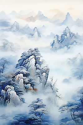 JPG 나무 구름 백그라운드 설경 겨울 일러스트 바위산 풍경 사람없음 파란색 안개 소나무 동양화 운해 산수화 산맥 국내일러스트 AI일러스트 AI콘텐츠 자연요소 식물 계절 컬러 날씨 산 미술 돌산 파일형식 구름_자연