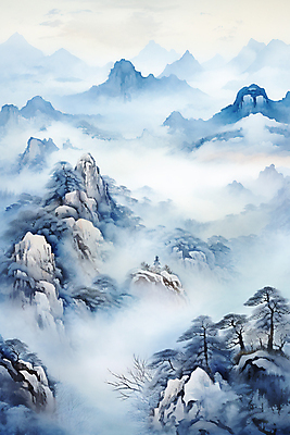 JPG 나무 구름 백그라운드 설경 겨울 일러스트 바위산 풍경 사람없음 파란색 안개 소나무 동양화 운해 산수화 산맥 국내일러스트 AI일러스트 AI콘텐츠 자연요소 식물 계절 컬러 날씨 산 미술 돌산 파일형식 구름_자연