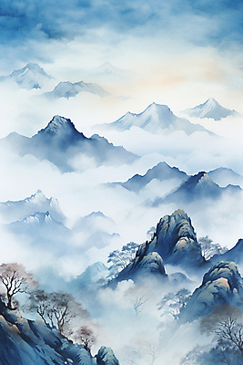 JPG 나무 구름 백그라운드 설경 겨울 일러스트 바위산 풍경 사람없음 파란색 안개 소나무 동양화 운해 산수화 산맥 국내일러스트 AI일러스트 AI콘텐츠 자연요소 식물 계절 컬러 날씨 산 미술 돌산 파일형식 구름_자연