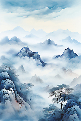 JPG 나무 구름 백그라운드 설경 겨울 일러스트 바위산 풍경 사람없음 파란색 안개 소나무 동양화 운해 산수화 산맥 국내일러스트 AI일러스트 AI콘텐츠 자연요소 식물 계절 컬러 날씨 산 미술 돌산 파일형식 구름_자연