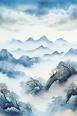 JPG 나무 구름 백그라운드 설경 겨울 일러스트 바위산 풍경 사람없음 파란색 안개 소나무 동양화 운해 산수화 산맥 국내일러스트 AI일러스트 AI콘텐츠 자연요소 식물 계절 컬러 날씨 산 미술 돌산 파일형식 구름_자연
