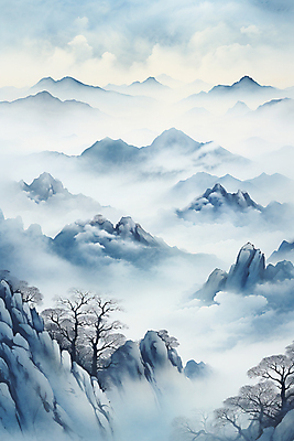 JPG 나무 구름 백그라운드 설경 겨울 일러스트 바위산 풍경 사람없음 파란색 안개 소나무 동양화 운해 산수화 산맥 국내일러스트 AI일러스트 AI콘텐츠 자연요소 식물 계절 컬러 날씨 산 미술 돌산 파일형식 구름_자연