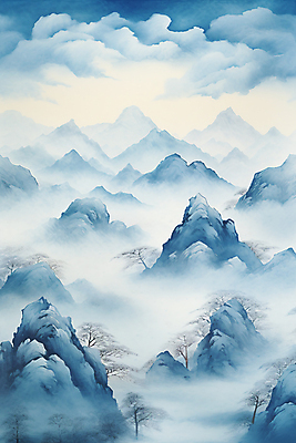 JPG 나무 구름 백그라운드 설경 겨울 일러스트 바위산 풍경 사람없음 파란색 안개 소나무 동양화 운해 산수화 산맥 국내일러스트 AI일러스트 AI콘텐츠 자연요소 식물 계절 컬러 날씨 산 미술 돌산 파일형식 구름_자연