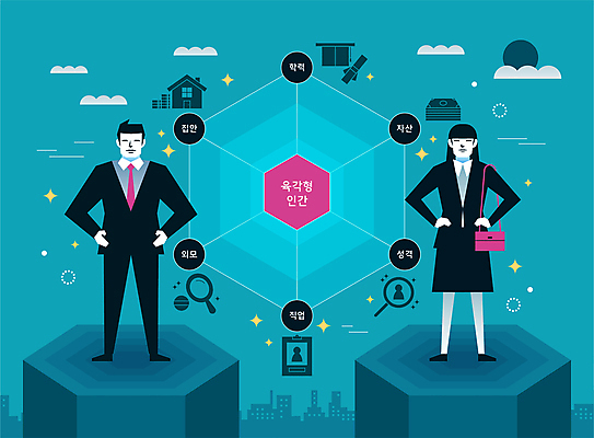 전신 구름 직업 여자 남자 허리손 가방 일러스트 집안 정장 성인 두명 반짝임 태양 비즈니스맨 비즈니스우먼 재산 청록색 육각형 성격 완벽 외모 성인만 2024트렌드 육각형인간 국내일러스트 AI파일 자연요소 도형 잡화 옷 컬러 포즈 컨셉 비즈니스 모션 실내 사람 금융 유행 직장인 신조어 파일형식 벡터 2024년