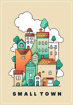 나무 구름 일러스트 주택 사람없음 건물 마을 주황색 국내일러스트 AI파일 자연요소 식물 건축물 컬러 파일형식 벡터