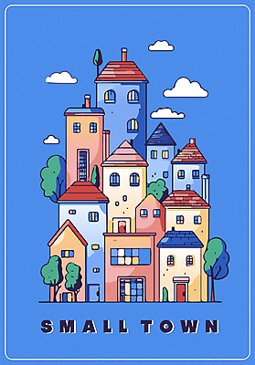 나무 구름 일러스트 주택 사람없음 건물 파란색 마을 국내일러스트 AI파일 자연요소 식물 건축물 컬러 파일형식 벡터