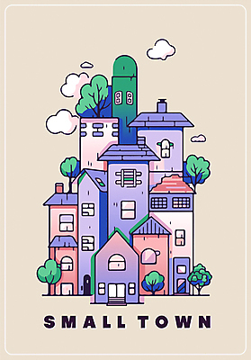 나무 구름 일러스트 주택 사람없음 건물 마을 보라색 국내일러스트 AI파일 자연요소 식물 건축물 컬러 파일형식 벡터