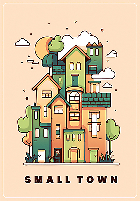 나무 구름 일러스트 주택 사람없음 건물 마을 주황색 국내일러스트 AI파일 자연요소 식물 건축물 컬러 파일형식 벡터