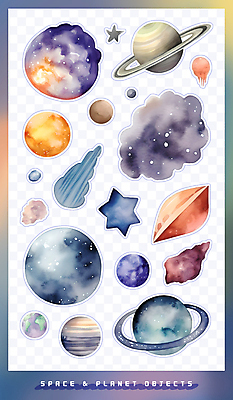 PSD 별 스티커 일러스트 수채화 사람없음 세트 컬러풀 라벨 우주 오브젝트 팬시 토성 성운 운석 엘리먼트 국내일러스트 자연요소 컬러 프레임 행성 파일형식