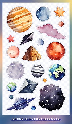PSD 별 지구 스티커 일러스트 수채화 사람없음 세트 컬러풀 라벨 우주 오브젝트 팬시 성운 목성 운석 엘리먼트 국내일러스트 자연요소 컬러 프레임 행성 파일형식