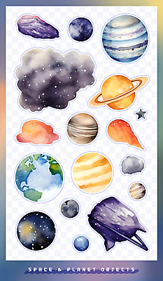 PSD 별 지구 스티커 일러스트 수채화 사람없음 세트 컬러풀 라벨 우주 오브젝트 팬시 토성 성운 목성 운석 엘리먼트 국내일러스트 자연요소 컬러 프레임 행성 파일형식