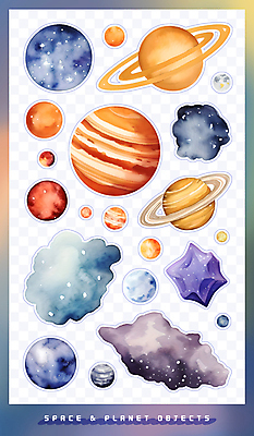 PSD 스티커 일러스트 수채화 사람없음 세트 컬러풀 라벨 우주 오브젝트 팬시 토성 성운 목성 운석 엘리먼트 국내일러스트 컬러 프레임 행성 파일형식