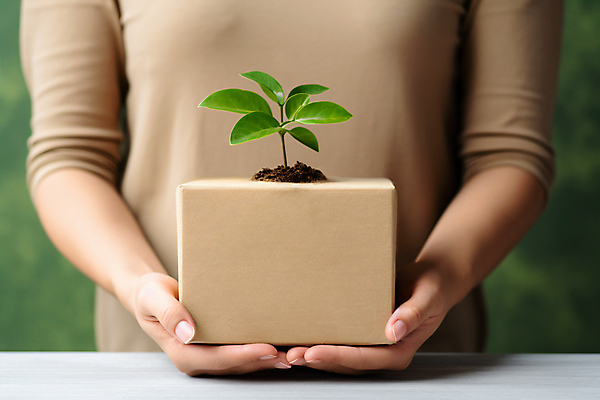 JPG 식물 편집이미지 여자 한명 들기 상반신 성인 앞모습 상자 새싹 흙 재활용 디지털합성 친환경 업사이클링 성인여자한명만 재활용표시 편집실사 AI인물포토 AI콘텐츠 1 뷰포인트 모션 표시 사람 환경 CG 여자한명만 성인여자만 파일형식 AI포토