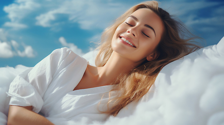 JPG 구름 편집이미지 여자 행복 베개 휴식 한명 미소 상반신 성인 눕기 눈감음 잠 편안함 숙면 회복 의료성형뷰티 성인여자한명만 편집실사 수면_잠 AI인물포토 AI콘텐츠 자연요소 1 감정 컨셉 침구 모션 표정 사람 감각 CG 여자한명만 성인여자만 파일형식 AI포토
