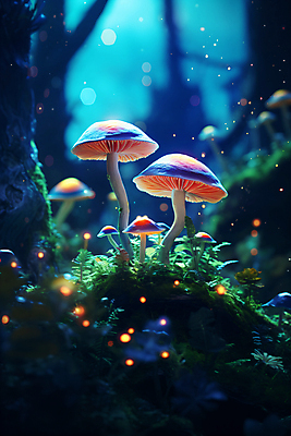 JPG 나무 편집이미지 사람없음 빛 반짝임 판타지 버섯 독약 야간 숲 신비 보케 네온 독버섯 환상 이미지편집 편집실사 AI컴퓨터그래픽 AI콘텐츠 자연요소 식물 컨셉 모션 상상 CG 파일형식