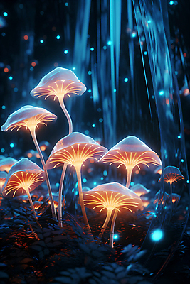 JPG 나무 편집이미지 사람없음 빛 반짝임 판타지 버섯 독약 야간 숲 신비 보케 네온 독버섯 환상 이미지편집 편집실사 AI컴퓨터그래픽 AI콘텐츠 자연요소 식물 컨셉 모션 상상 CG 파일형식