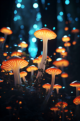 JPG 나무 편집이미지 사람없음 빛 반짝임 판타지 버섯 독약 야간 숲 신비 보케 네온 독버섯 환상 이미지편집 편집실사 AI컴퓨터그래픽 AI콘텐츠 자연요소 식물 컨셉 모션 상상 CG 파일형식