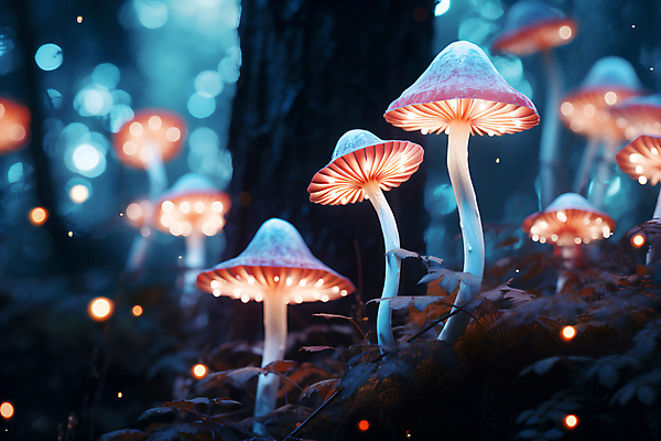 JPG 나무 편집이미지 사람없음 빛 반짝임 판타지 버섯 독약 야간 숲 신비 보케 네온 독버섯 환상 이미지편집 편집실사 AI컴퓨터그래픽 AI콘텐츠 자연요소 식물 컨셉 모션 상상 CG 파일형식