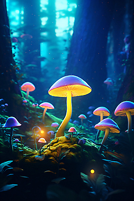 JPG 나무 편집이미지 사람없음 빛 반짝임 판타지 버섯 독약 야간 숲 신비 보케 네온 독버섯 환상 이미지편집 편집실사 AI컴퓨터그래픽 AI콘텐츠 자연요소 식물 컨셉 모션 상상 CG 파일형식