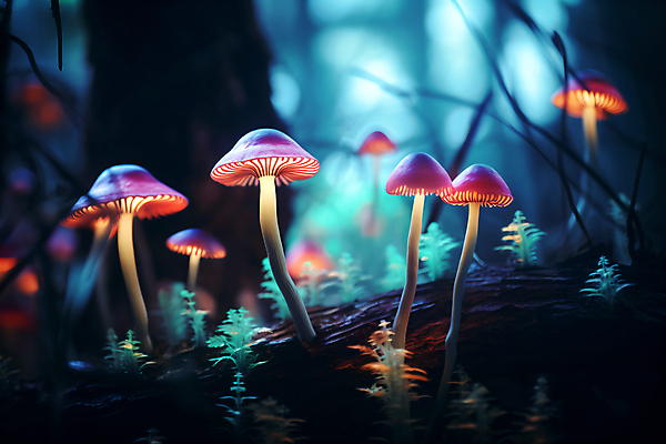 JPG 나무 편집이미지 사람없음 빛 반짝임 판타지 버섯 독약 야간 숲 신비 네온 독버섯 환상 이미지편집 편집실사 AI컴퓨터그래픽 AI콘텐츠 자연요소 식물 컨셉 모션 상상 CG 파일형식