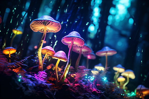 JPG 나무 편집이미지 사람없음 빛 반짝임 판타지 버섯 독약 야간 숲 신비 보케 네온 독버섯 환상 이미지편집 편집실사 AI컴퓨터그래픽 AI콘텐츠 자연요소 식물 컨셉 모션 상상 CG 파일형식
