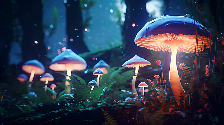 JPG 나무 편집이미지 사람없음 빛 반짝임 판타지 버섯 독약 야간 숲 신비 보케 네온 독버섯 환상 이미지편집 편집실사 AI컴퓨터그래픽 AI콘텐츠 자연요소 식물 컨셉 모션 상상 CG 파일형식