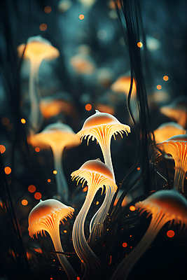 JPG 나무 편집이미지 사람없음 빛 반짝임 판타지 버섯 독약 야간 숲 신비 보케 네온 독버섯 환상 이미지편집 편집실사 AI컴퓨터그래픽 AI콘텐츠 자연요소 식물 컨셉 모션 상상 CG 파일형식