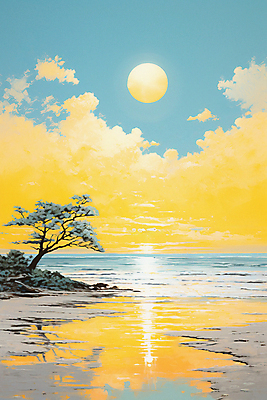 JPG 나무 구름 바다 일러스트 자연 풍경 해변 사람없음 태양 일몰 국내일러스트 AI일러스트 AI콘텐츠 자연요소 식물 노을 생태계 파일형식