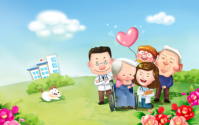 PSD 구름 여자 할아버지 노년 남자 꽃 행복 할머니 어린이 일러스트 하늘 건강 병원 웃음 소녀 초원 여러명 성인 건강관리 간호사 의사 강아지 언덕 휠체어 하트풍선 노후건강 국내일러스트 자연요소 식물 감정 다수 의학 표정 관리 사람 노후 반려동물 의료진 하트 개 풍선 파일형식
