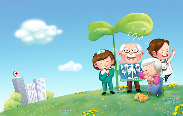 PSD 여자 할아버지 노년 남자 꽃 할머니 일러스트 지팡이 엑스레이 건강 병원 여러명 성인 새싹 건강관리 간호사 의사 강아지 언덕 노후건강 국내일러스트 식물 다수 의학 관리 사람 노후 반려동물 의료진 개 파일형식