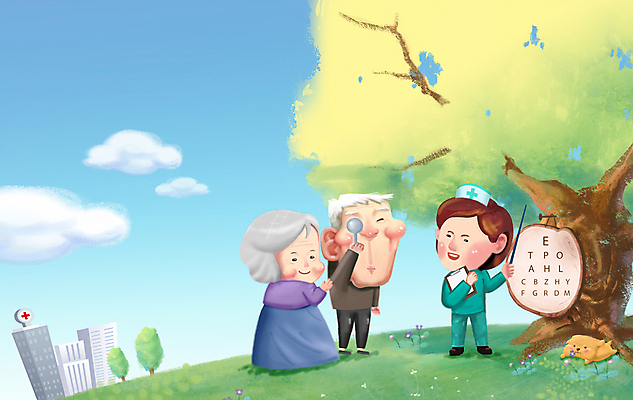 전신 PSD 나무 여자 할아버지 노년 남자 할머니 일러스트 건강 병원 서기 성인 세명 건강관리 간호사 시력검사 얼굴가리기 노후건강 시력검사표 국내일러스트 식물 의학 모션 관리 사람 노후 의료진 가림 검사_조사 파일형식