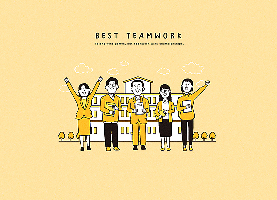 전신 PSD 나무 구름 직업 여자 교육 남자 중년 일러스트 학교 협력 서기 여러명 성인 건물 책 노란색 손들기 파이팅 강사 교사 만세 그룹 국내일러스트 자연요소 식물 건축물 컬러 다수 모션 사람 파일형식