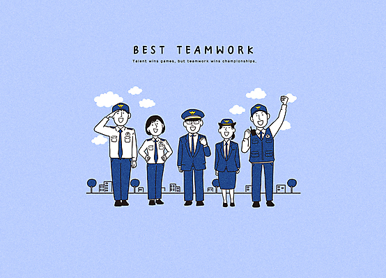 전신 PSD 나무 구름 직업 여자 남자 일러스트 협력 서기 안전 여러명 성인 건물 파란색 손들기 파이팅 시험 그룹 경찰 경례 여경 공무원 성인만 국내일러스트 자연요소 식물 건축물 교육 컬러 다수 모션 사람 인사 파일형식