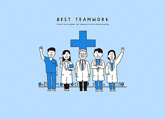 전신 PSD 나무 직업 여자 노년 남자 일러스트 의학 협력 병원 서기 여러명 성인 건물 파란색 손들기 파이팅 주먹 의사 그룹 국내일러스트 식물 건축물 컬러 다수 모션 사람 의료진 파일형식