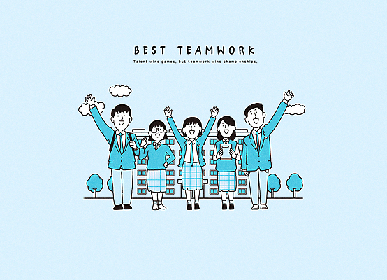 전신 PSD 나무 구름 학생 여자 교육 남자 교복 하늘색 일러스트 학교 청소년 협력 서기 여러명 책 파란색 친구 손들기 파이팅 만세 그룹 십대만 국내일러스트 자연요소 식물 옷 컬러 다수 관계 모션 사람 파일형식