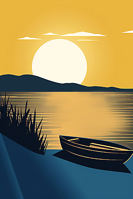 JPG 호수 일러스트 자연 하늘 풍경 사람없음 태양 노란색 일몰 풀잎 보트 국내일러스트 AI일러스트 AI콘텐츠 자연요소 컬러 잎 배_교통 노을 풀_식물 생태계 파일형식