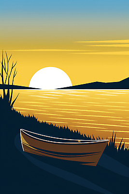 JPG 호수 일러스트 자연 하늘 풍경 사람없음 태양 노란색 일몰 풀잎 보트 국내일러스트 AI일러스트 AI콘텐츠 자연요소 컬러 잎 배_교통 노을 풀_식물 생태계 파일형식