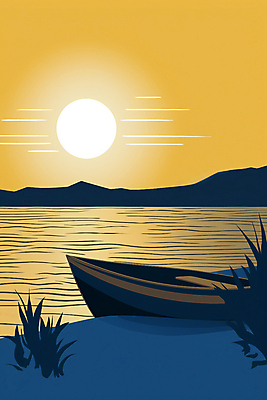 JPG 호수 일러스트 자연 하늘 풍경 사람없음 태양 노란색 일몰 풀잎 보트 국내일러스트 AI일러스트 AI콘텐츠 자연요소 컬러 잎 배_교통 노을 풀_식물 생태계 파일형식